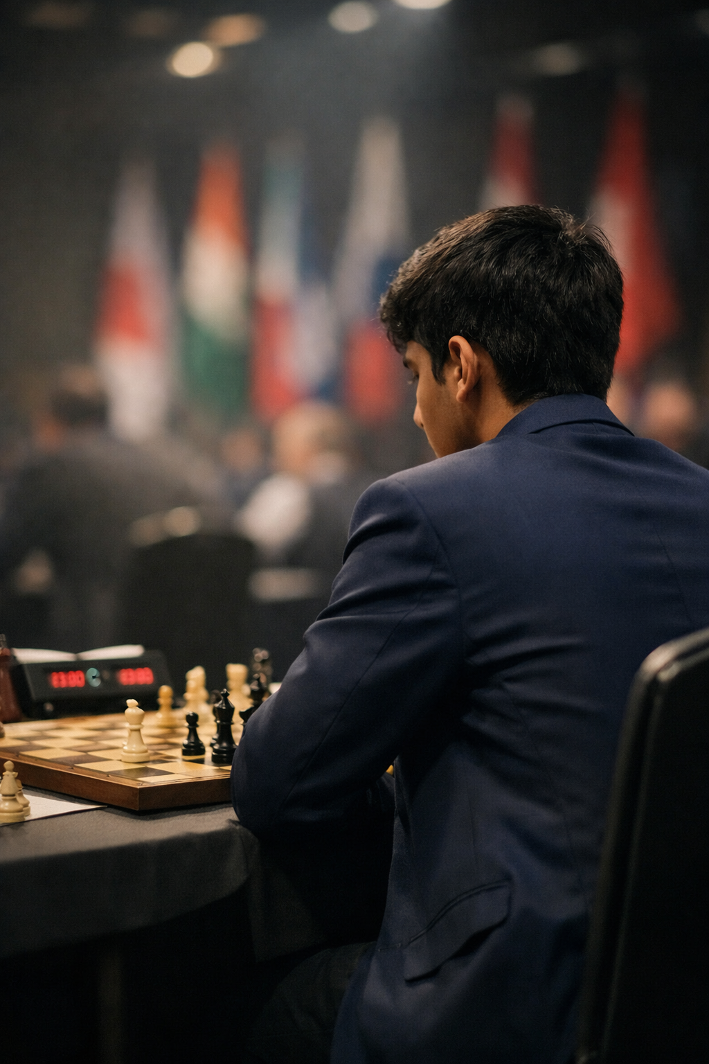 Prompt: D Gukesh playing a rapid chess match at the FIDE World Rapid and Blitz Championship, intense concentration, clock visible on the table, modern t