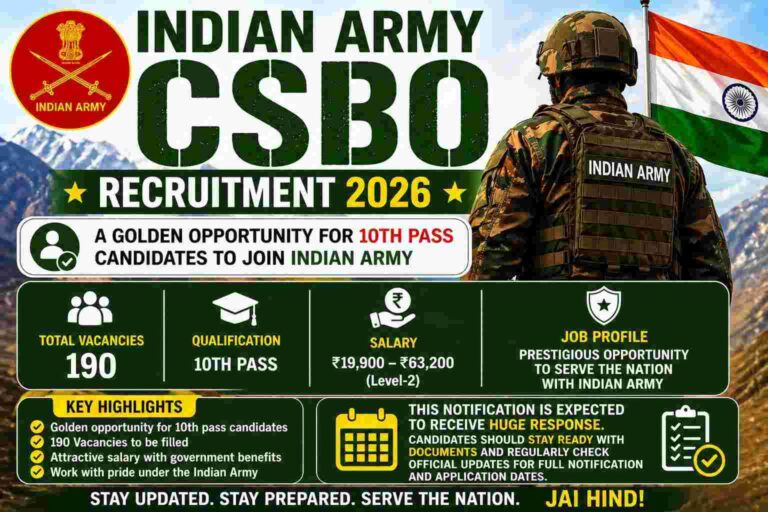 Indian Army CSBO Recruitment 2026 notification with 190 vacancies apply online