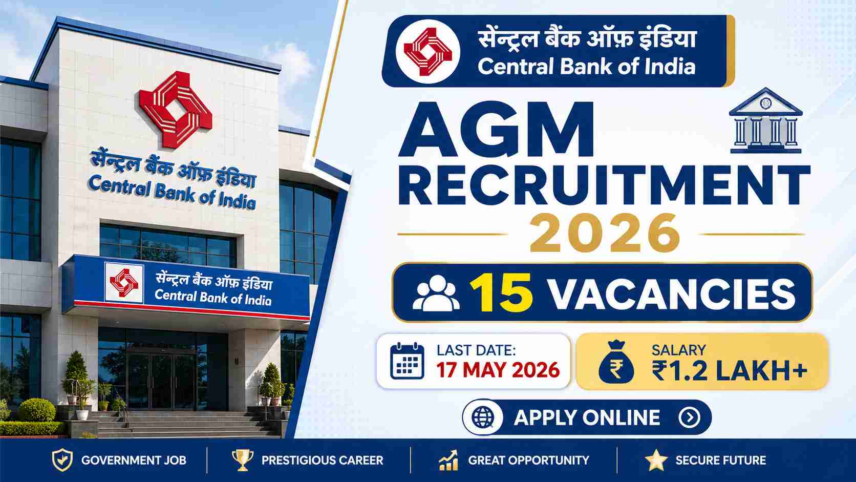Central Bank of India AGM Recruitment 2026 thumbnail with 15 vacancies, last date 17 May 2026, salary ₹1.2 lakh plus